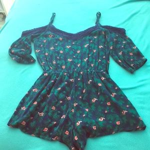 Off the shoulder tropical patterned romper